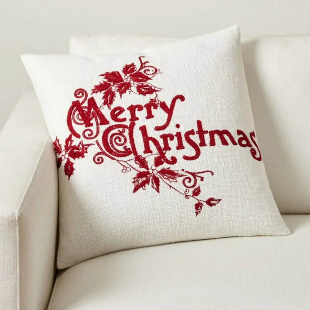 Pottery Barn Merry Christmas Embroidered Pillow Cover